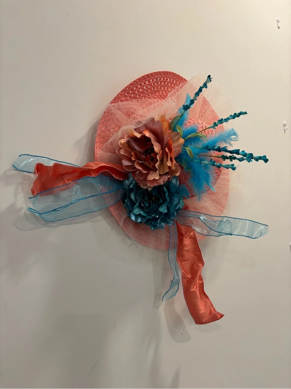 Coral and Teal Floral Fascinator Hat